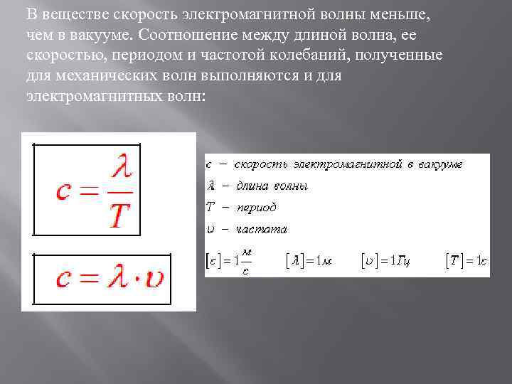 В веществе скорость электромагнитной волны меньше, чем в вакууме. Соотношение между длиной волна, ее