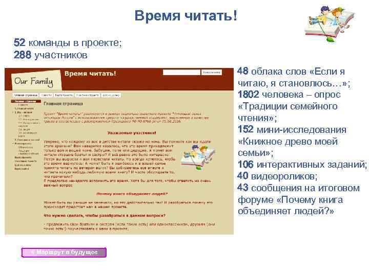 Время читать! 52 команды в проекте; 288 участников 48 облака слов «Если я читаю,