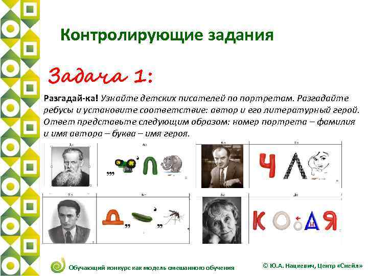 1 2 Контролирующие задания Задача 1: Разгадай-ка! Узнайте детских писателей по портретам. Разгадайте ребусы