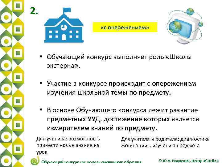 2. «с опережением» • Обучающий конкурс выполняет роль «Школы экстерна» . • Участие в