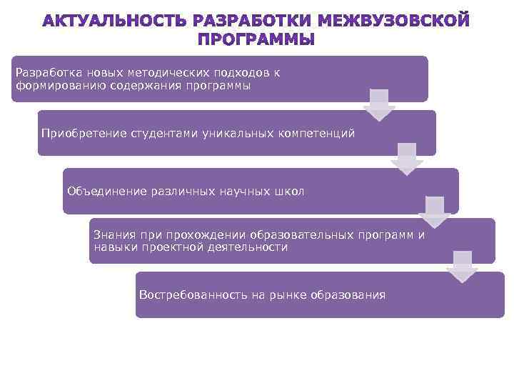 Разработка новых методических подходов к формированию содержания программы Приобретение студентами уникальных компетенций Объединение различных