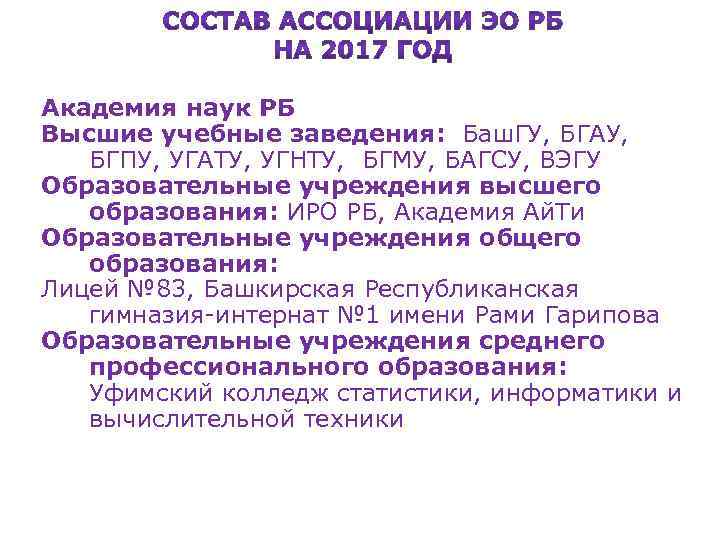 Академия наук РБ Высшие учебные заведения: Баш. ГУ, БГАУ, БГПУ, УГАТУ, УГНТУ, БГМУ, БАГСУ,