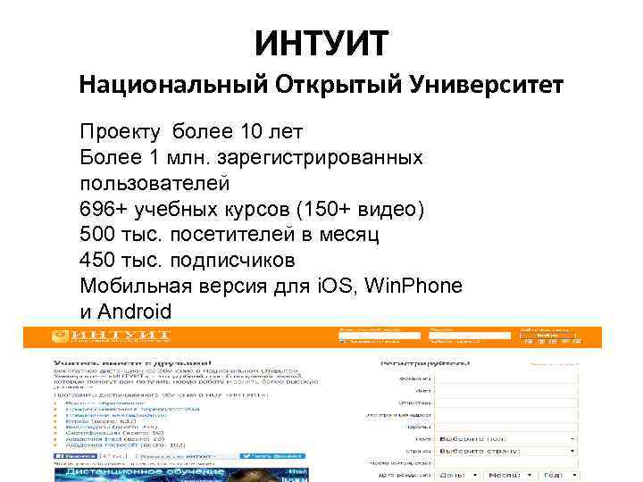 ИНТУИТ Национальный Открытый Университет Проекту более 10 лет Более 1 млн. зарегистрированных пользователей 696+