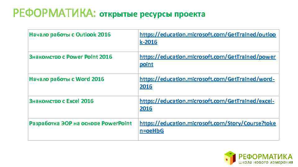 РЕФОРМАТИКА: открытые ресурсы проекта Начало работы с Outlook 2016 https: //education. microsoft. com/Get. Trained/outloo