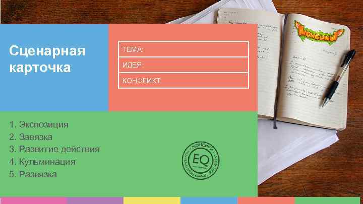 Сценарная карточка ТЕМА: ИДЕЯ: КОНФЛИКТ: 1. Экспозиция 2. Завязка 3. Развитие действия 4. Кульминация