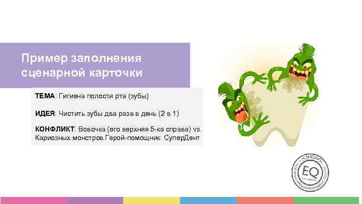 Пример заполнения сценарной карточки ТЕМА: Гигиена полости рта (зубы) ИДЕЯ: Чистить зубы два раза