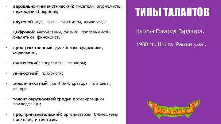 - вербально-лингвистический: писатели, журналисты, переводчики, юристы; - слуховой: музыканты, лингвисты, языковеды; - цифровой: математики,