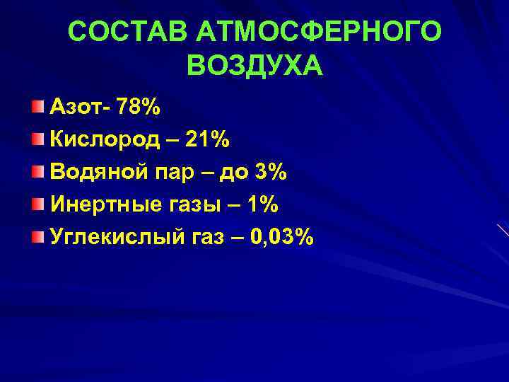 СОСТАВ АТМОСФЕРНОГО ВОЗДУХА Азот- 78% Кислород – 21% Водяной пар – до 3% Инертные