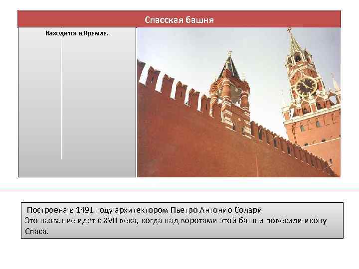 Спасская башня Находится в Кремле. Построена в 1491 году архитектором Пьетро Антонио Солари Это