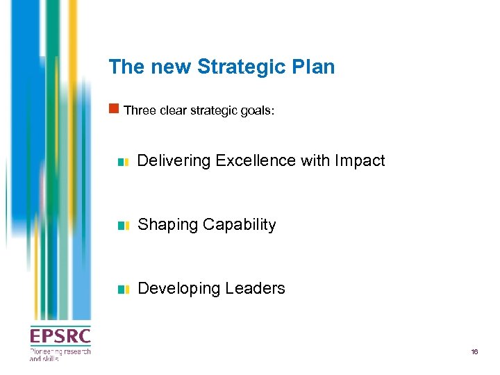 The new Strategic Plan n Three clear strategic goals: Delivering Excellence with Impact Shaping