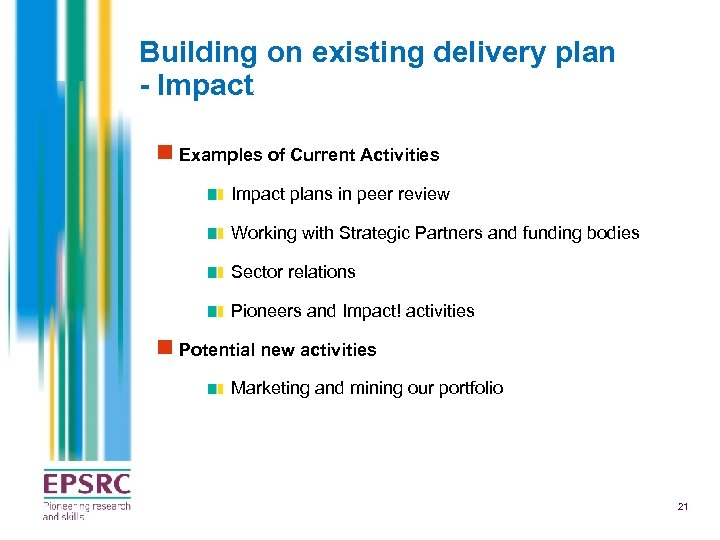 Building on existing delivery plan - Impact n Examples of Current Activities Impact plans