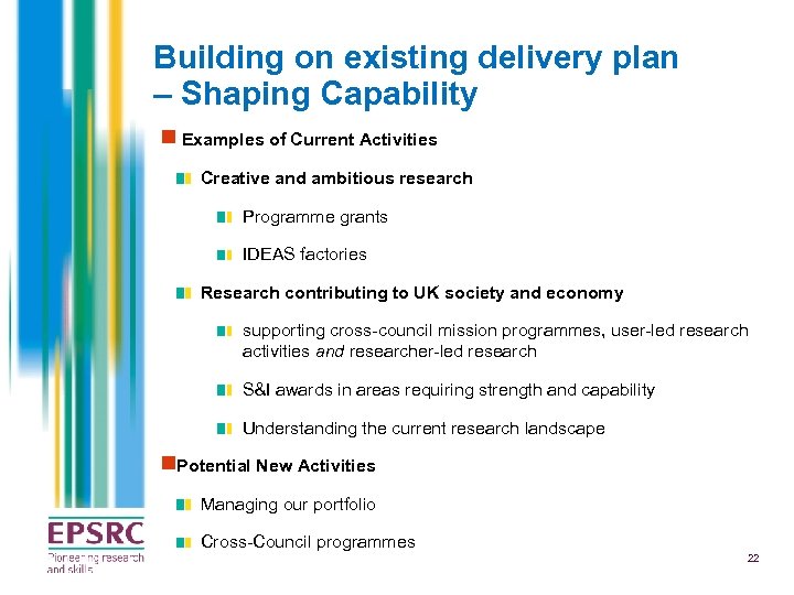 Building on existing delivery plan – Shaping Capability n Examples of Current Activities Creative