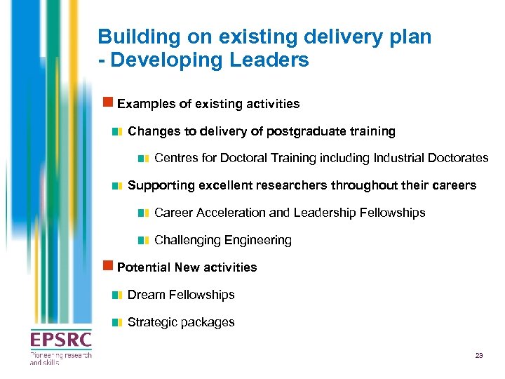 Building on existing delivery plan - Developing Leaders n Examples of existing activities Changes