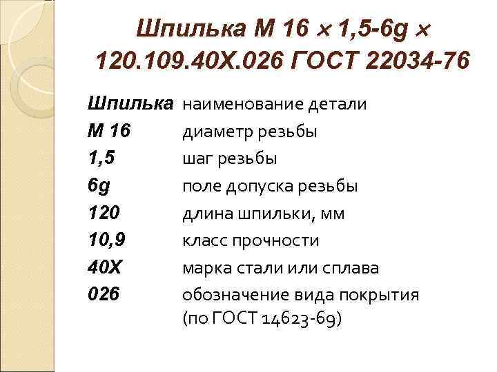 Шпилька М 16 1, 5 -6 g 120. 109. 40 Х. 026 ГОСТ 22034