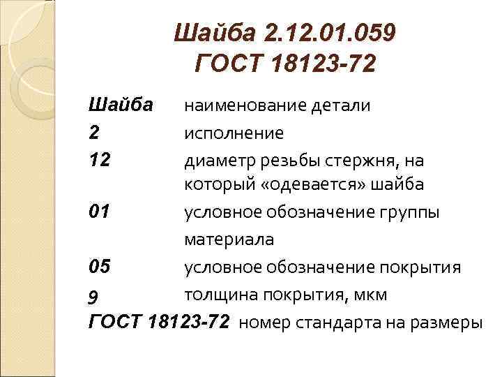 Шайба 2. 12. 01. 059 ГОСТ 18123 -72 наименование детали исполнение диаметр резьбы стержня,