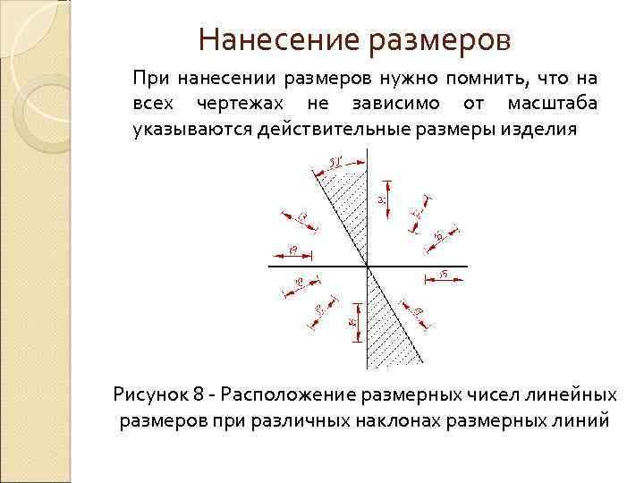 Нанесение размеров При нанесении размеров нужно помнить, что на всех чертежах не зависимо от