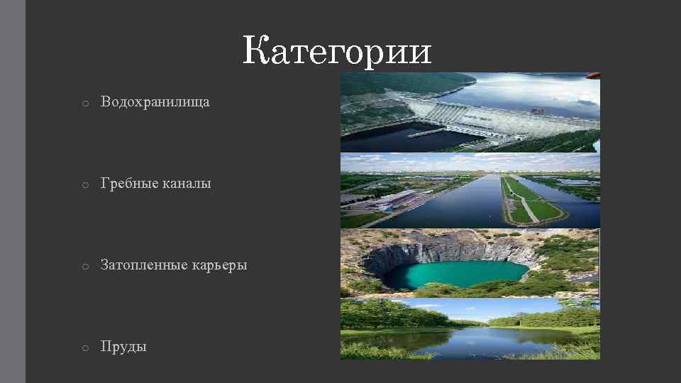 Категории o Водохранилища o Гребные каналы o Затопленные карьеры o Пруды 