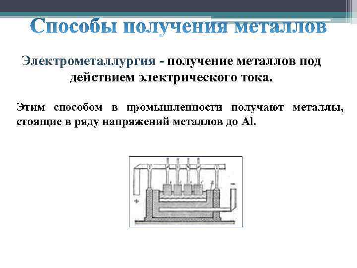 Электрометаллургия - получение металлов под действием электрического тока. Этим способом в промышленности получают металлы,