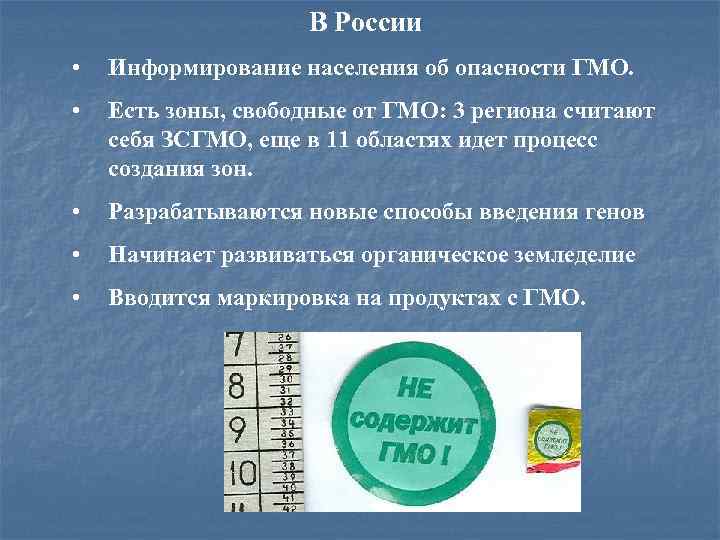 В России • Информирование населения об опасности ГМО. • Есть зоны, свободные от ГМО: