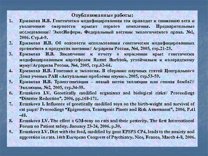 Опубликованные работы: 1. 2. 3. 4. 5. 6. 7. 8. 9. Ермакова И. В.