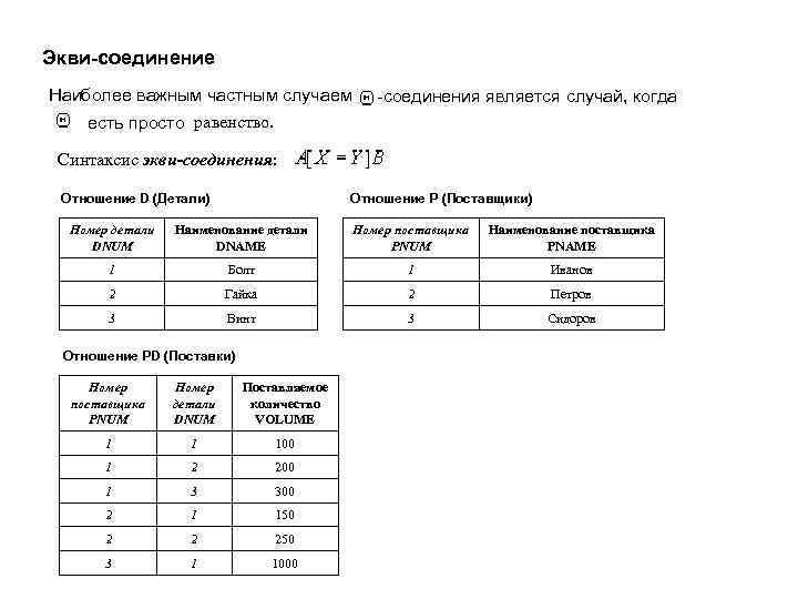 Экви-соединение Наиболее важным частным случаем -соединения является случай, когда есть просто равенство. Синтаксис экви-соединения: