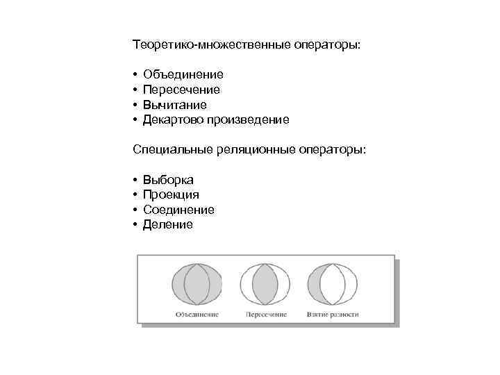 Теоретико-множественные операторы: • • Объединение Пересечение Вычитание Декартово произведение Специальные реляционные операторы: • •