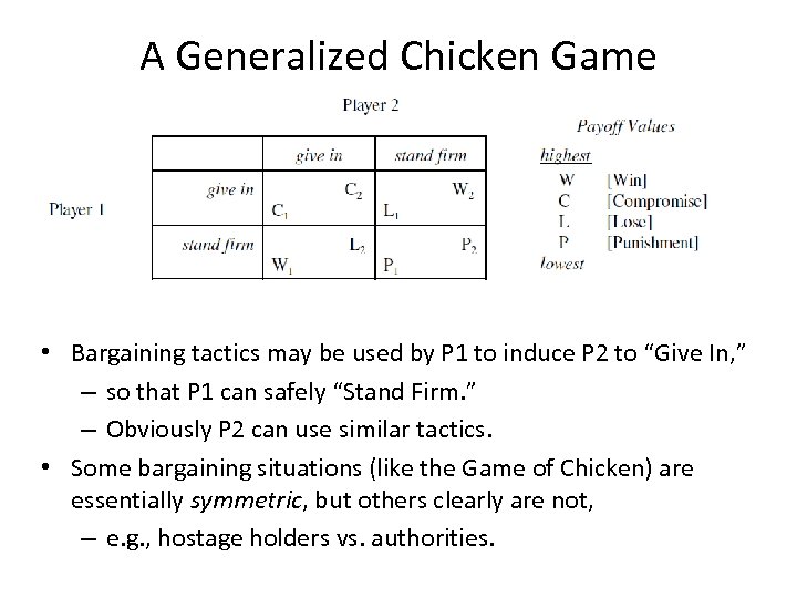 A Generalized Chicken Game • Bargaining tactics may be used by P 1 to