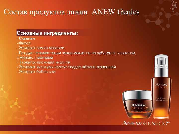 Состав продуктов линии ANEW Genics Основные ингредиенты: - Сквалан - Фитол - Экстракт семян