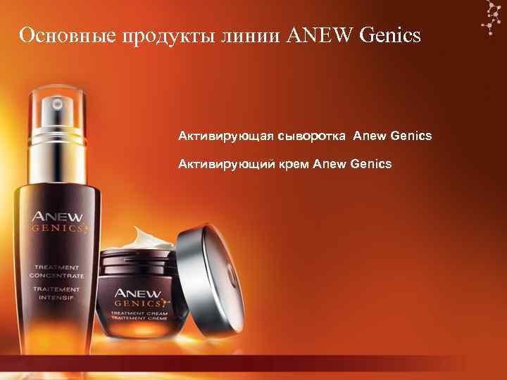 Основные продукты линии ANEW Genics Активирующая сыворотка Anew Genics Активирующий крем Anew Genics 