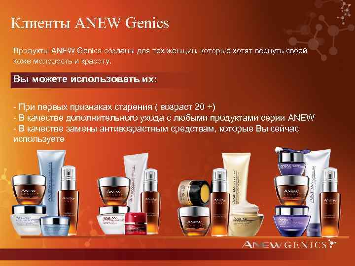 Клиенты ANEW Genics Продукты ANEW Genics созданы для тех женщин, которые хотят вернуть своей