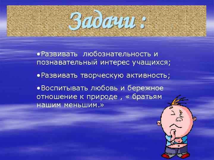 Задачи : • Развивать любознательность и познавательный интерес учащихся; • Развивать творческую активность; •