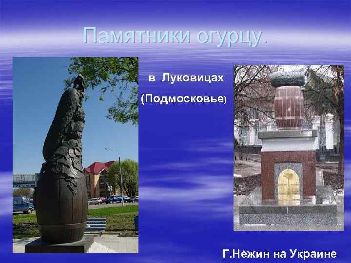 Памятники огурцу. в Луковицах (Подмосковье) Г. Нежин на Украине 