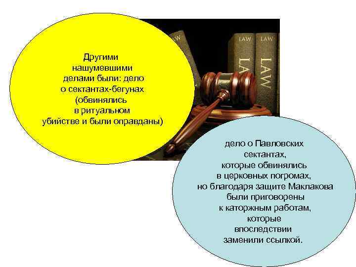 Другими нашумевшими делами были: дело о сектантах-бегунах (обвинялись в ритуальном убийстве и были оправданы)