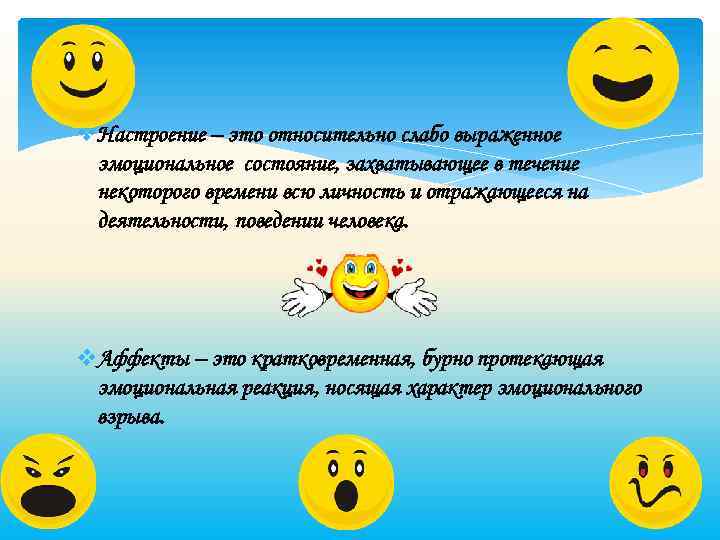 v. Настроение – это относительно слабо выраженное эмоциональное состояние, захватывающее в течение некоторого времени