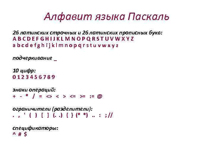 Алфавит языка Паскаль 26 латинских строчных и 26 латинских прописных букв: ABCDEFGHIJKLMNOPQRSTUVWXYZ abcdefghijklmnopqrstuvwxyz подчеркивание