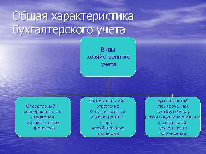 Общая характеристика бухгалтерского учета Виды хозяйственного учета Оперативный – своевременность отражения Хозяйственных процессов Статистический