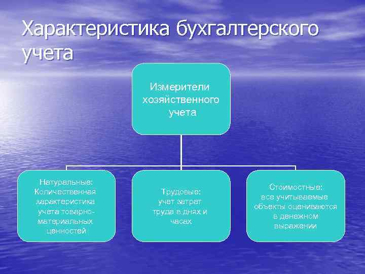 Характеристика бухгалтерского учета Измерители хозяйственного учета Натуральные: Количественная характеристика учета товарноматериальных ценностей Трудовые: учет