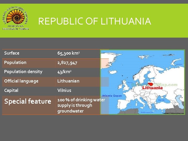 REPUBLIC OF LITHUANIA Surface 65, 300 km 2 Population 2, 827, 947 Population density
