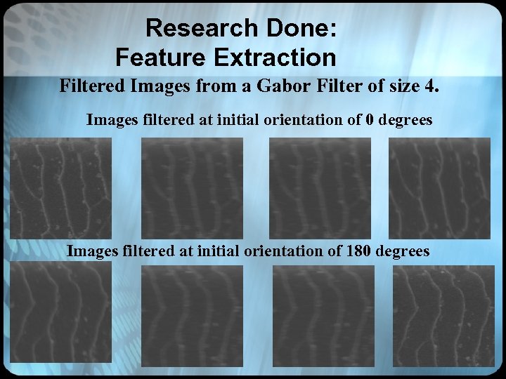 Research Done: Feature Extraction Filtered Images from a Gabor Filter of size 4. Images