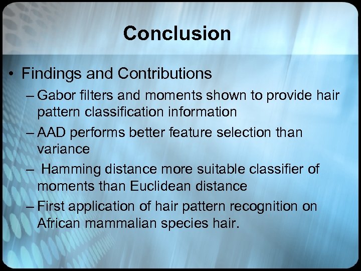 Conclusion • Findings and Contributions – Gabor filters and moments shown to provide hair