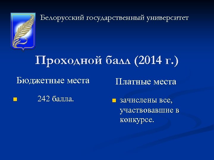Белорусский государственный университет Проходной балл (2014 г. ) Бюджетные места n 242 балла. Платные