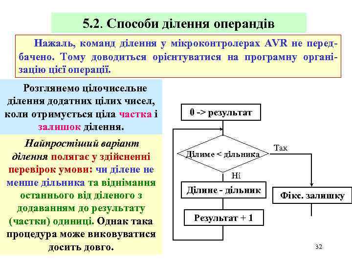 5. 2. Способи ділення операндів Нажаль, команд ділення у мікроконтролерах AVR не передбачено. Тому