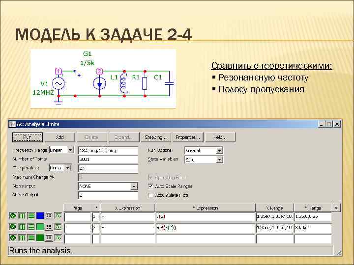 МОДЕЛЬ К ЗАДАЧЕ 2 -4 Сравнить с теоретическими: § Резонансную частоту § Полосу пропускания