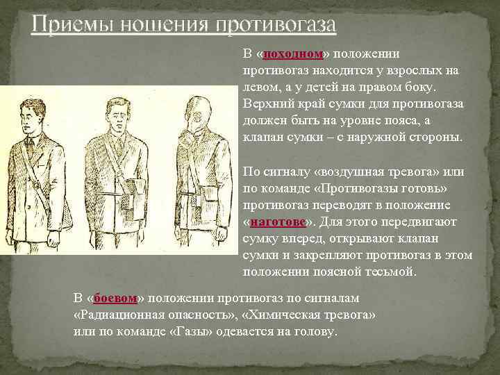 Приемы ношения противогаза В «походном» положении противогаз находится у взрослых на левом, а у