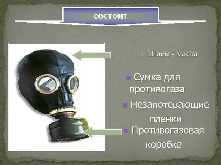 состоит • Шлем - маска Сумка для противогаза n Незапотевающие пленки n Противогазовая коробка