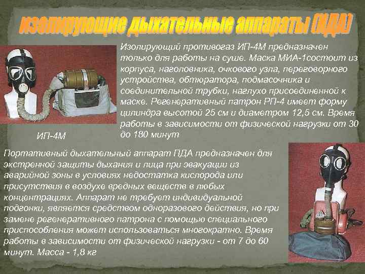 ИП-4 М Изолирующий противогаз ИП-4 М предназначен только для работы на суше. Маска МИА-1