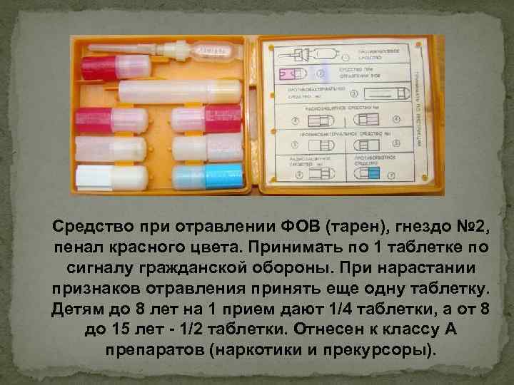 Средство при отравлении ФОВ (тарен), гнездо № 2, пенал красного цвета. Принимать по 1