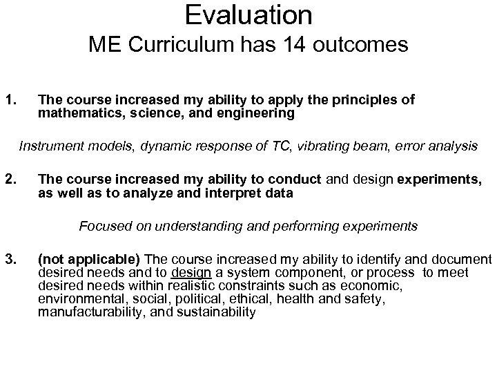Evaluation ME Curriculum has 14 outcomes 1. The course increased my ability to apply