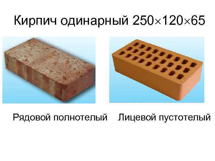 Кирпич одинарный 250 120 65 Рядовой полнотелый Лицевой пустотелый 
