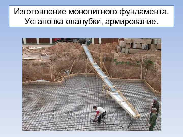 Изготовление монолитного фундамента. Установка опалубки, армирование. 